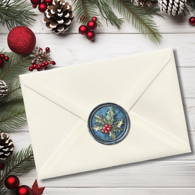 Blue Holly Christmas Faux Wax Classic Round Sticker (Blue Holly Christmas Faux Wax Classic Round Sticker)