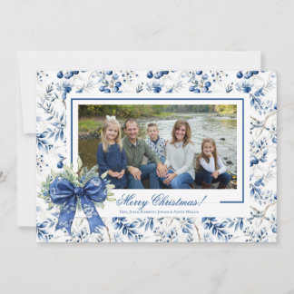 Blue Holly Toile Christmas Photo Card