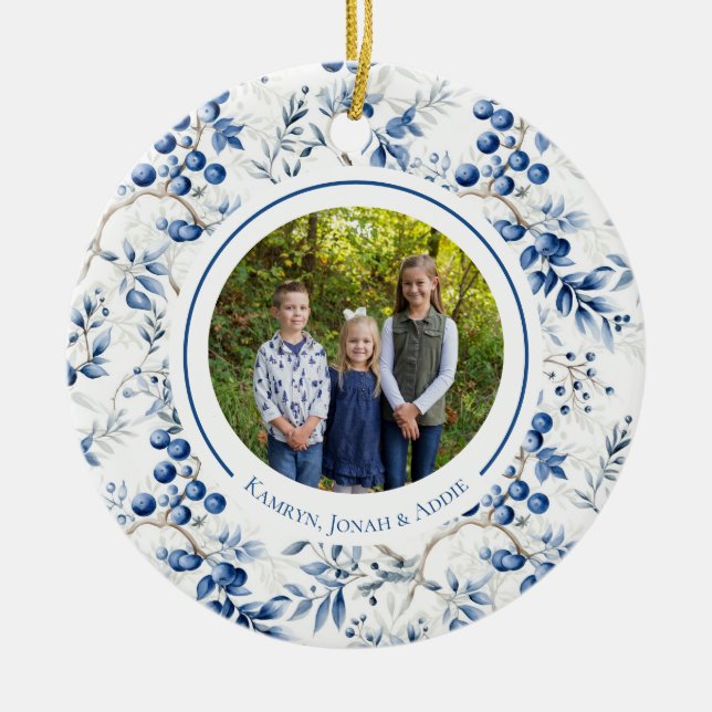 Blue Holly Toile Circle Ornament (Front)
