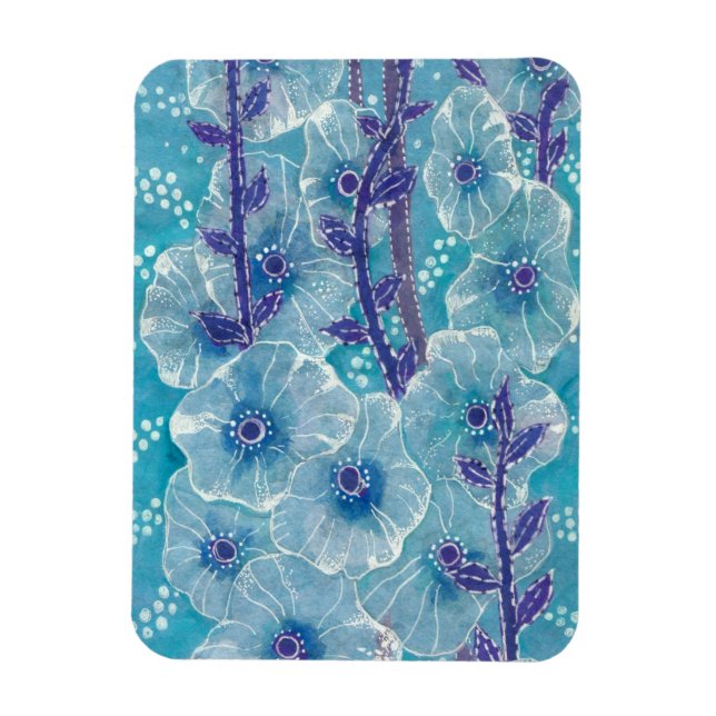 Blue Hollyhock Mallow Malva Flower Floral Painting Magnet (Vertical)