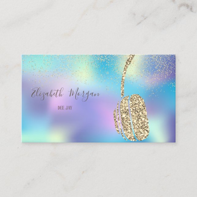 Blue Holographic Glitter Headphone DJ, Confetti Business Card (Front)