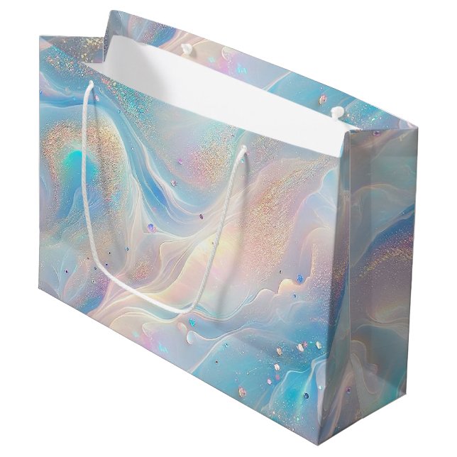 Blue Holographic Opal Gold Glitter Makeup, Beauty Large Gift Bag (Front Angled)