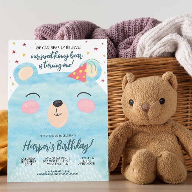 Blue Honey Bear Birthday  Invitation (You can create plenty of honey for the big day with our bear birthday invitation!)