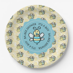 Blue Honey Bee Boy's Baby Shower Paper Plate