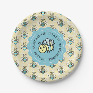 Blue Honey Bee Boy's Baby Shower Paper Plate