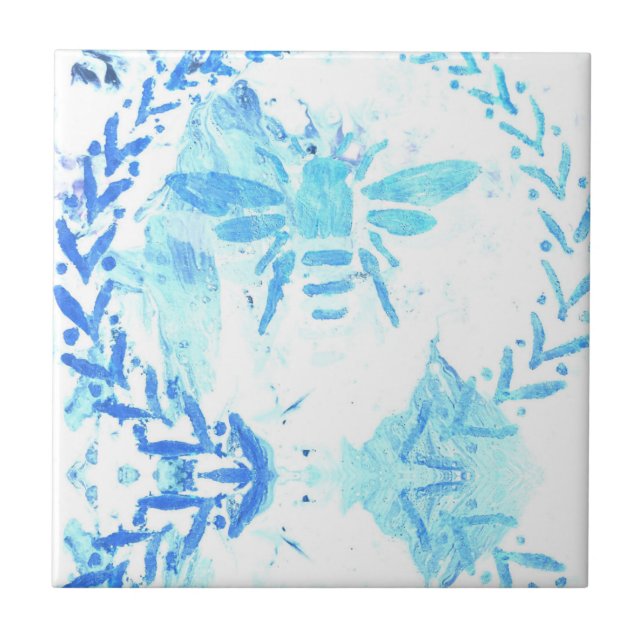 Blue Honey Bee Wreath Farmhouse Ceramic Tile (Front)