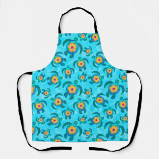 Blue Honu Sea Turtles Hibiscus Flowers Apron