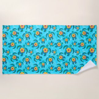 Blue Honu Sea Turtles Hibiscus Flowers Beach Towel