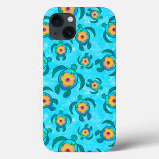 Blue Honu Sea Turtles Hibiscus Flowers iPhone 13 Case