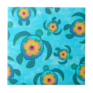 Blue Honu Sea Turtles Hibiscus Flowers Ceramic Tile