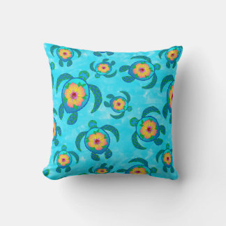 Blue Honu Sea Turtles Hibiscus Flowers Cushion