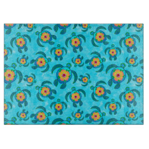 Blue Honu Sea Turtles Hibiscus Flowers Cutting Board