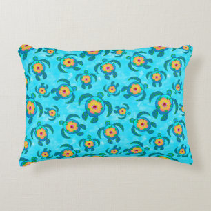 Blue Honu Sea Turtles Hibiscus Flowers Decorative Cushion