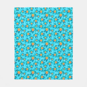 Blue Honu Sea Turtles Hibiscus Flowers Fleece Blanket