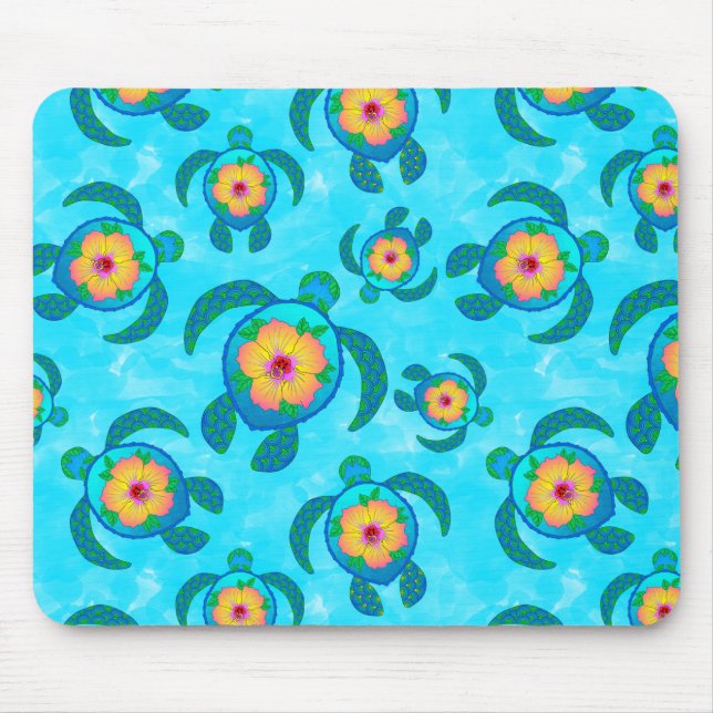 Blue Honu Sea Turtles Hibiscus Flowers Mouse Pad (Front)