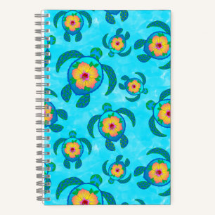 Blue Honu Sea Turtles Hibiscus Flowers Notebook