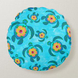 Blue Honu Sea Turtles Hibiscus Flowers Round Cushion