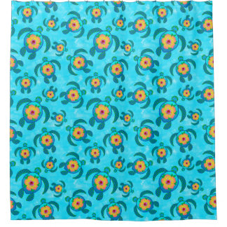 Blue Honu Sea Turtles Hibiscus Flowers Shower Curtain