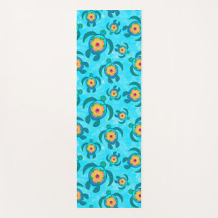 Blue Honu Sea Turtles Hibiscus Flowers Yoga Mat