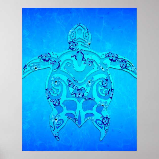 Blue Honu Tribal Turtle Poster (Front)