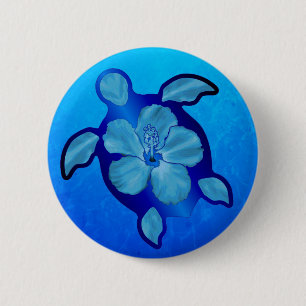 Blue Honu Turtle and Hibiscus 6 Cm Round Badge