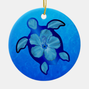 Blue Honu Turtle and Hibiscus Ceramic Tree Decoration