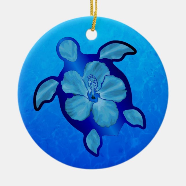Blue Honu Turtle and Hibiscus Ceramic Tree Decoration (Front)