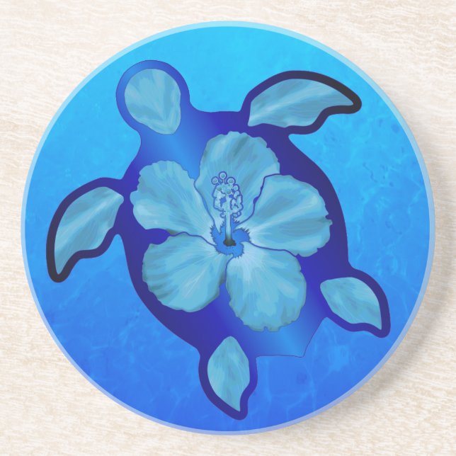Blue Honu Turtle and Hibiscus Coaster (Front)