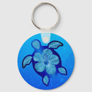 Blue Honu Turtle and Hibiscus Key Ring