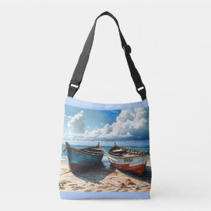 "Blue Horizon". A Colourful Relaxing Boat Seascape Crossbody Bag
