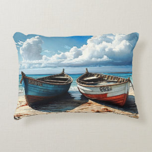 "Blue Horizon". A Colourful Relaxing Boat Seascape Decorative Cushion