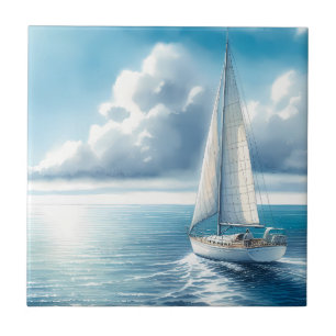 Blue Horizon Solitary Sailboat Ceramic Tile
