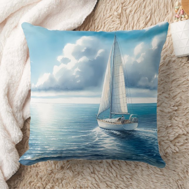 Blue Horizon Solitary Sailboat Cushion (Blanket)