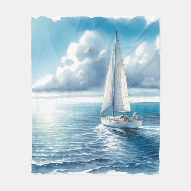 Blue Horizon Solitary Sailboat Fleece Blanket (Front)
