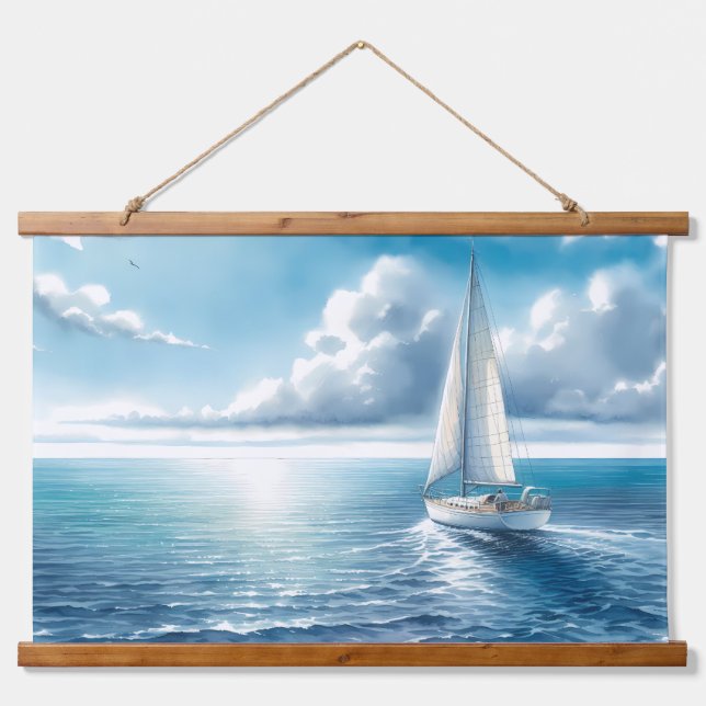 Blue Horizon Solitary Sailboat Hanging Tapestry (Front)