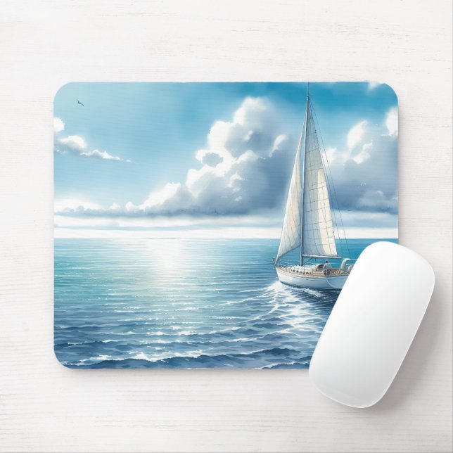 Blue Horizon Solitary Sailboat Mouse Pad (With Mouse)