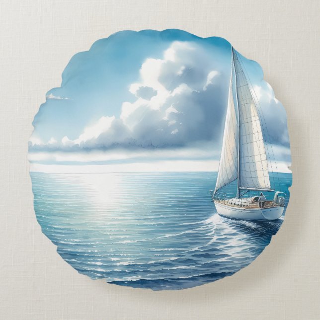 Blue Horizon Solitary Sailboat Round Cushion (Front)