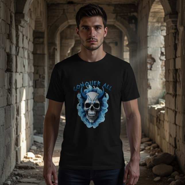 Blue Horned Skull "Conquer All" Graphic T-Shirt (Creator Uploaded)