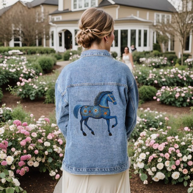 Blue Horse Floral Folk Art Personalised Denim Jacket (Wedding Back)
