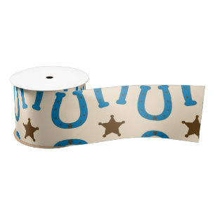 Blue Horseshoe Brown Sheriff Star Vintage Rustic Satin Ribbon