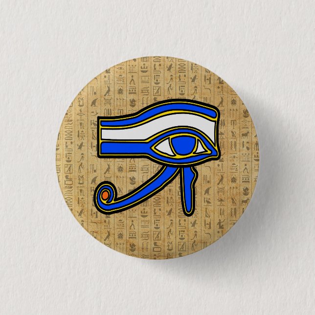 Blue Horus Eye On Hieroglyphs Button (Front)
