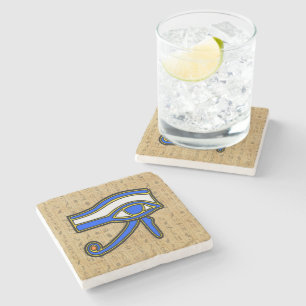 Blue Horus Eye On Hieroglyphs Stone Coaster