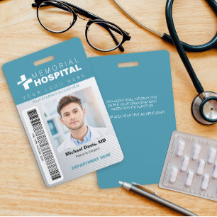 Blue Hospital ID Badge with Photo & Barcode