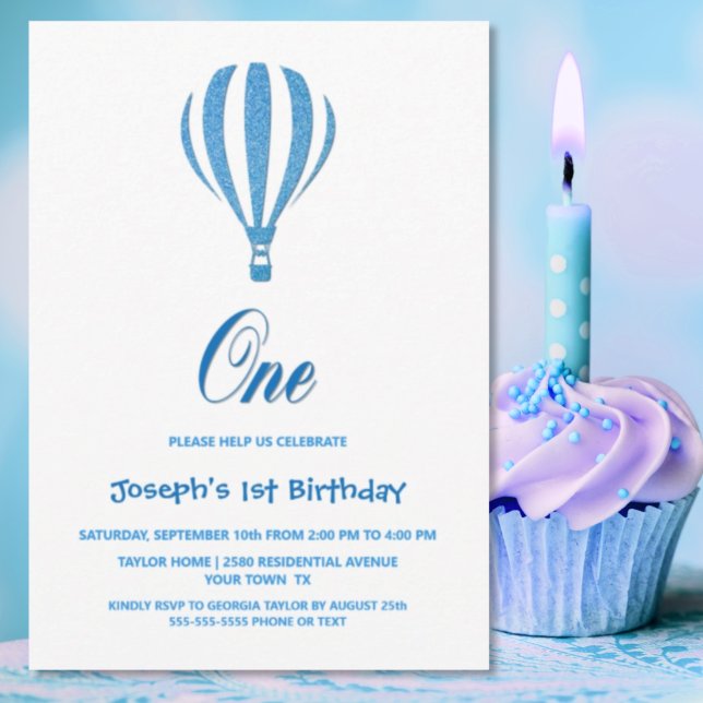 Blue Hot Air Balloon 1st Birthday Party Invitation (Creator Uploaded)
