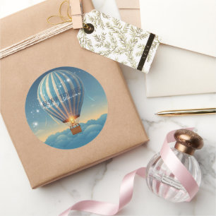 Blue Hot Air Balloon Adventure Awaits Baby Shower Classic Round Sticker