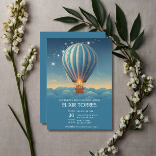 Blue Hot Air Balloon Adventure Awaits Baby Shower Invitation