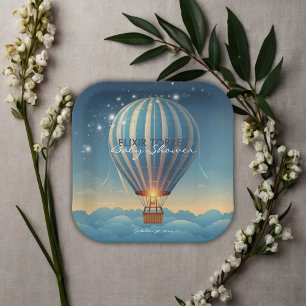 Blue Hot Air Balloon Adventure Awaits Baby Shower Paper Plate