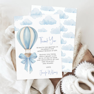 Blue Hot Air Balloon Adventure Baby Boy Shower Thank You Card
