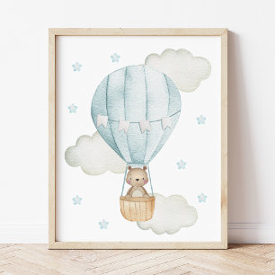 Blue Hot Air Balloon, Animals, Bear, Boy Nursery Photo Print
