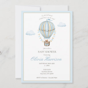 Blue Hot Air Balloon Baby Boy Shower Invitation